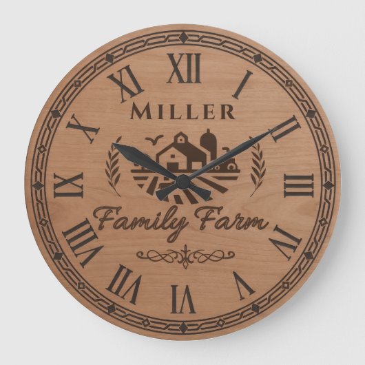 Custom Family Name Wall Clock – Farmhouse Scene  Große Wanduhr (Vorderseite)