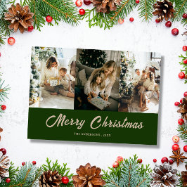 custom family photo green merry christmas Card Feiertagskarte