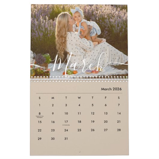 Custom Family Photo | Personalized Beige Taupe Kalender (Mär 2026)