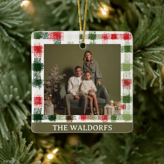 Custom Family Photo Red and Green Plaid Ornament (Baum)