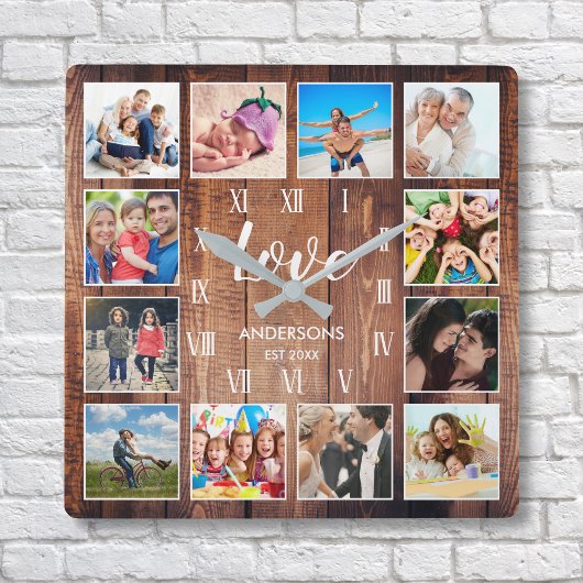 Custom Family Photo Rustic Farmhouse Love Script Quadratische Wanduhr