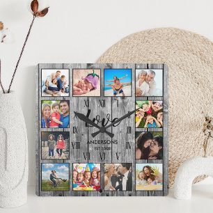 Custom Family Photo Rustic Farmhouse Love Script Quadratische Wanduhr