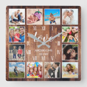 Custom Family Photo Rustic Farmhouse Love Script Quadratische Wanduhr (Vorderseite)