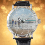 Custom family photo text watch white armbanduhr<br><div class="desc">Add your own favorite photo from a summer vacation,  travel,  kids,  girlfriend/boyfriend or pet.  White numbers.  Template for your text,  white letters.  A great gift or keepsake from your travels or honeymoon.</div>