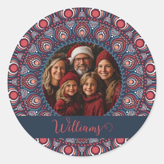 Custom Family Portrait Russet Christmas Mandala Runder Aufkleber (Vorderseite)