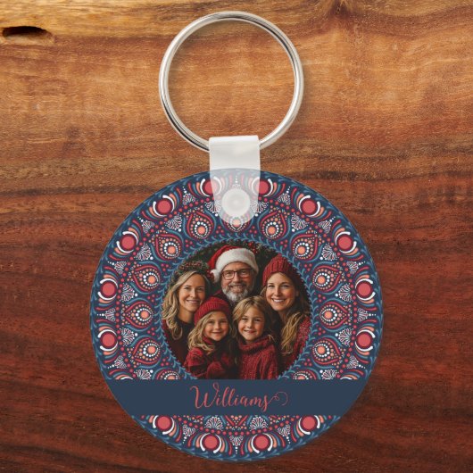 Custom Family Portrait Russet Christmas Mandala Schlüsselanhänger (Rückseite)