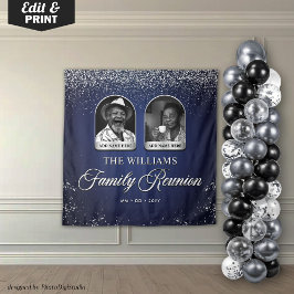 Custom Family Reunion Banner, 2 Photo Blue Silver  Wandteppich