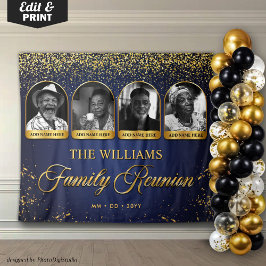 Custom Family Reunion Banner, 7 Photo Blue Gold Wandteppich