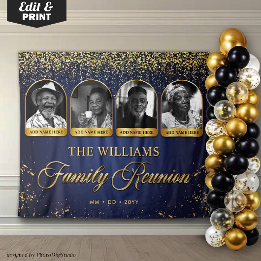 Custom Family Reunion Banner, 7 Photo Blue Gold Wandteppich