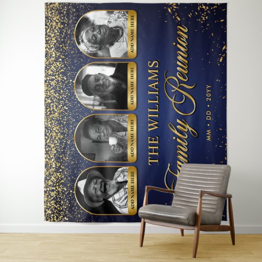 Custom Family Reunion Banner, 7 Photo Blue Gold Wandteppich (Beispiel)