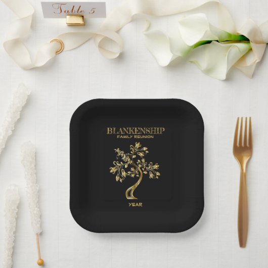 Custom Family Reunion Black Gold Tree Art Pappteller (Hochzeit)