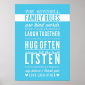 CUSTOM FAMILY RULES Moderne Typografie Aqua Blue Poster (Vorne)