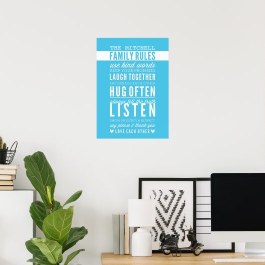 CUSTOM FAMILY RULES Moderne Typografie Aqua Blue Poster (Heimbüro)