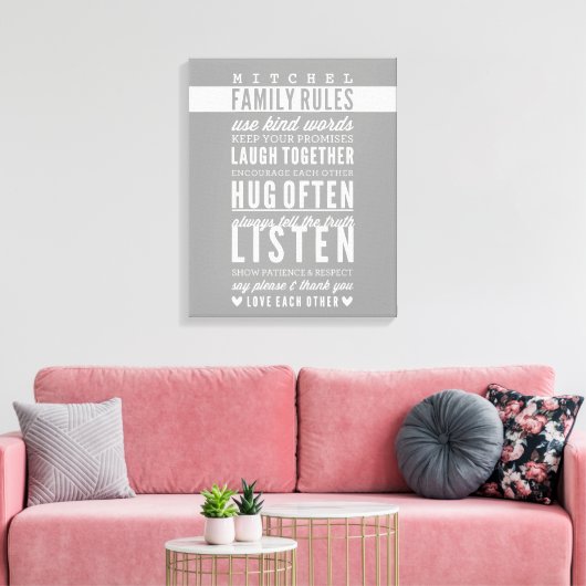 CUSTOM FAMILY RULES Moderne Typografie cool grau Leinwanddruck (Insitu (Wohnzimmer))