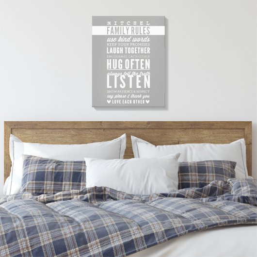 CUSTOM FAMILY RULES Moderne Typografie cool grau Leinwanddruck (Insitu (Schlafzimmer))