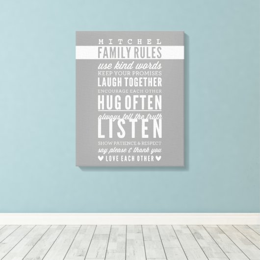 CUSTOM FAMILY RULES Moderne Typografie cool grau Leinwanddruck (Insitu (Holzboden))