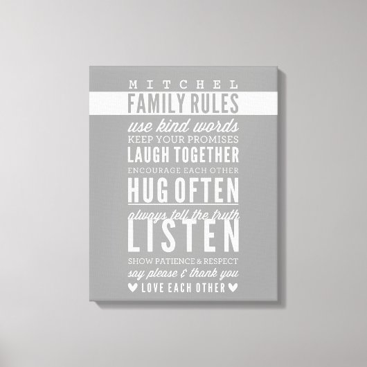 CUSTOM FAMILY RULES Moderne Typografie cool grau Leinwanddruck (Vorderseite)