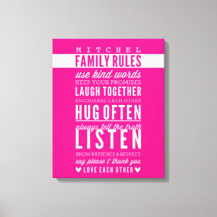 CUSTOM FAMILY RULES Moderne Typografie fett rosa Leinwanddruck
