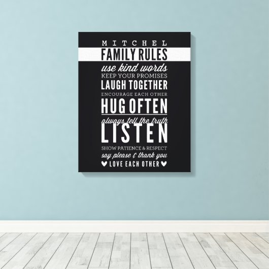 CUSTOM FAMILY RULES Moderne Typografie fett schwar Leinwanddruck (Insitu (Holzboden))