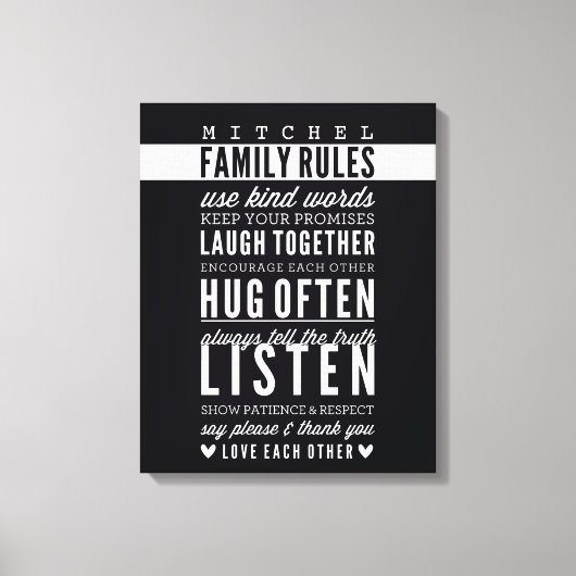 CUSTOM FAMILY RULES Moderne Typografie fett schwar Leinwanddruck (Vorderseite)