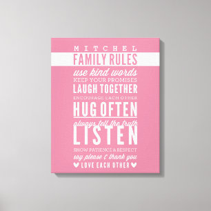 CUSTOM FAMILY RULES Moderne Typografie Rose pink Leinwanddruck