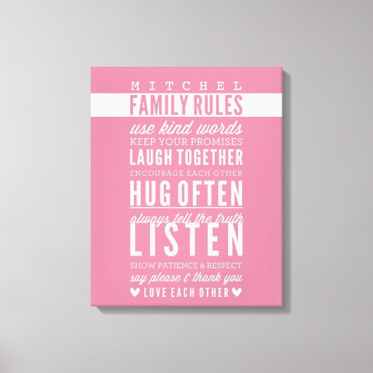 CUSTOM FAMILY RULES Moderne Typografie Rose pink Leinwanddruck (Vorderseite)