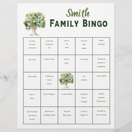 Custom Family Tree Bingo Renion Party Game (Vorderseite)