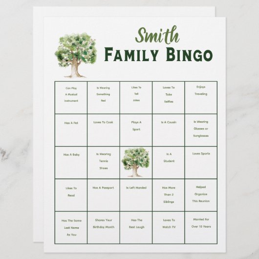 Custom Family Tree Bingo Renion Party Game (Vorne/Hinten)