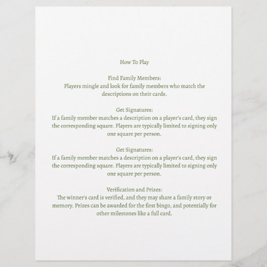Custom Family Tree Bingo Renion Party Game (Rückseite)