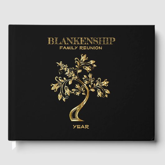 Custom Family Wiedersehen Black Gold Tree Art Gästebuch (Vorderseite)