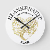 Custom Family Wiedersehen Gold Heart Tree Keepake Runde Wanduhr (Vorderseite)