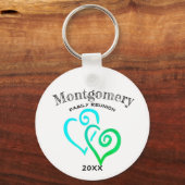 Custom Family Wiedersehen Green Blue Linked Heart Schlüsselanhänger (Rückseite)