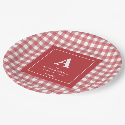 Custom Family Wiedersehen Red Gingham Pappteller (Schrägansicht)