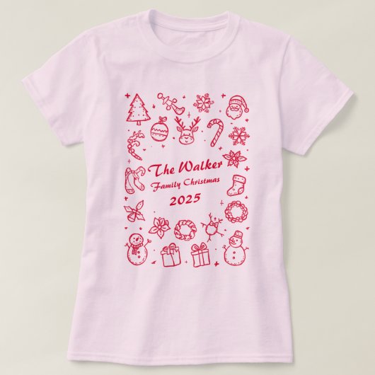 Custom Family Year Christmas Hand Drawn Doodles T-Shirt (Design vorne)