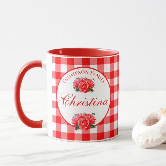 Custom Farmhouse Country Red Gingham Combo Tasse (Mit Donut)