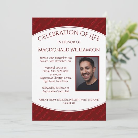 Custom | FEIERUNG DES LEBENS | Beerdigung Roter Ei Einladung (Stehend Vorderseite)