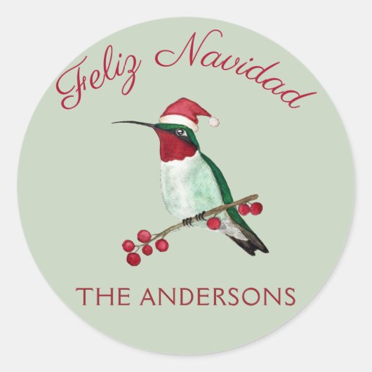 Custom Feliz Navidad Ruby-throated Hummingbird Runder Aufkleber (Vorderseite)