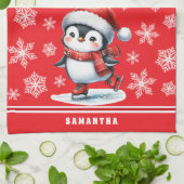 Custom Festival Red Penguin Ice Skater Weihnachten Geschirrtuch (Gefaltet)