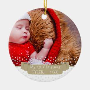 Custom Festive Banner Baby First Christmas Foto Keramik Ornament