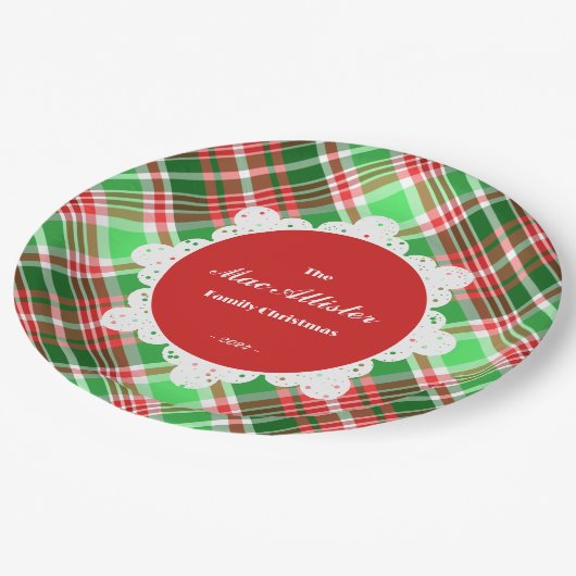 Custom Festive Classic Red Green Weihnachten Karie Pappteller (Schrägansicht)