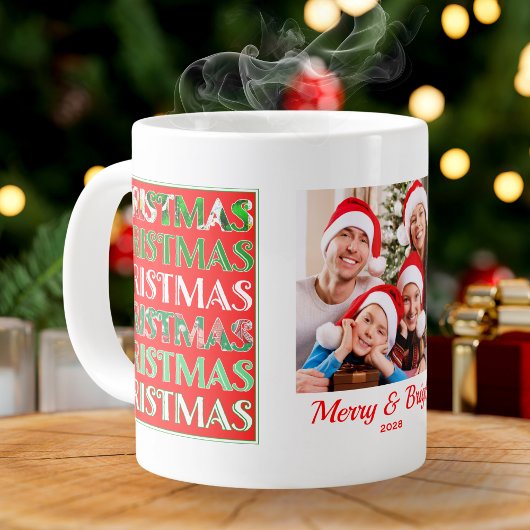 Custom Festive Red Green Christmas Photo Jumbo-Tasse