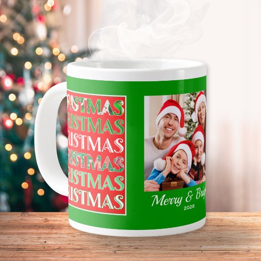 Custom Festive Red Green Christmas Photo Jumbo-Tasse
