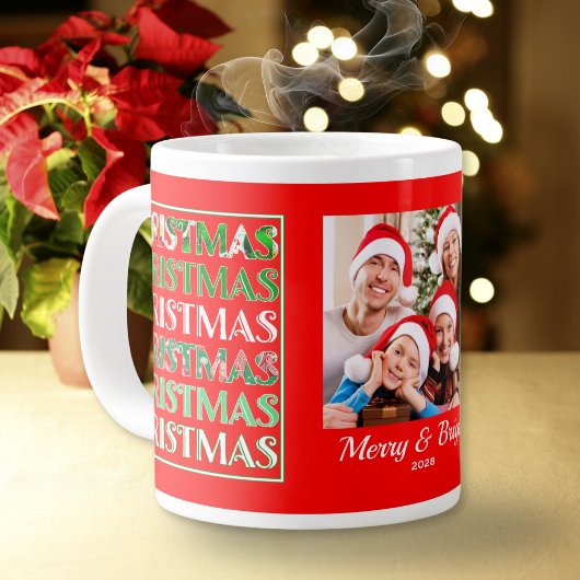 Custom Festive Red Green Christmas Photo Jumbo-Tasse