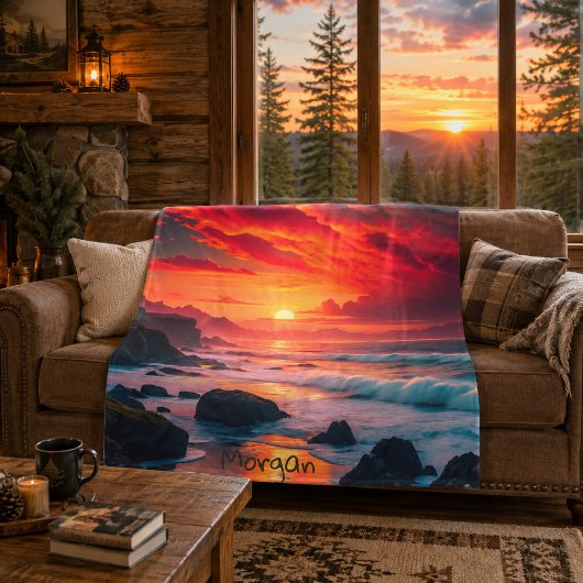 Custom Fiery Sunset Coastline - Ocean Cliffs Fleecedecke