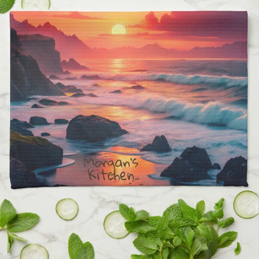 Custom Fiery Sunset Coastline - Ocean Cliffs Geschirrtuch (Gefaltet)