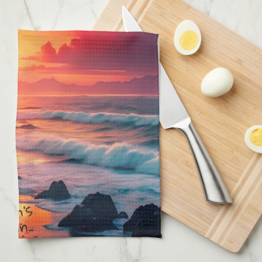 Custom Fiery Sunset Coastline - Ocean Cliffs Geschirrtuch (Viertel Falte)