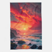Custom Fiery Sunset Coastline - Ocean Cliffs Geschirrtuch (Vertikal)