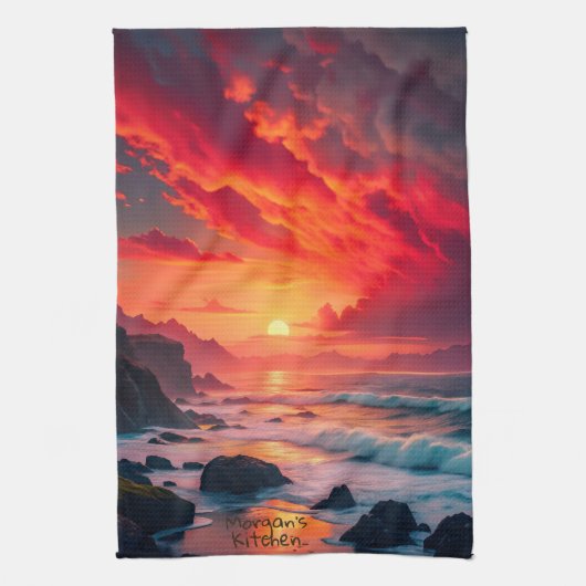 Custom Fiery Sunset Coastline - Ocean Cliffs Geschirrtuch (Vertikal)
