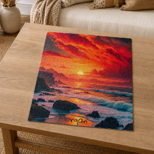 Custom Fiery Sunset Coastline - Ocean Cliffs Puzzle