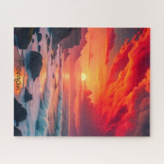 Custom Fiery Sunset Coastline - Ocean Cliffs Puzzle (Horizontal)